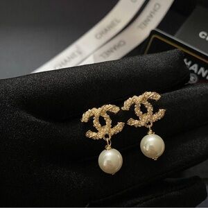 CHANEL Gold Tone Crystal CC Earrings with Pearl Drops